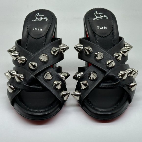 Christian Louboutin SPIKA CLUB Spiked Leather Mule Block Heel Sandals Shoes - Picture 6 of 14